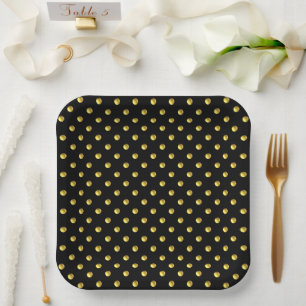 Golden Polka Dots on Black Paper Plate