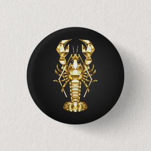 Golden polygonal lobster crawfish on black 3 cm round badge