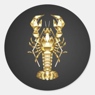 Golden polygonal lobster crawfish on black classic round sticker