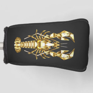 Golden polygonal lobster crawfish on black golf head cover