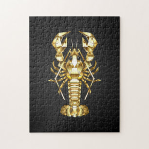 Golden polygonal lobster crawfish on black jigsaw puzzle