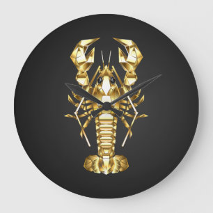 Golden polygonal lobster crawfish on black large clock
