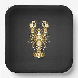 Golden polygonal lobster crawfish on black paper plate