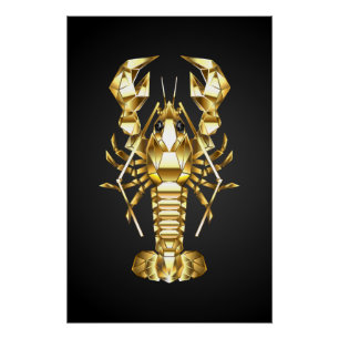 Golden polygonal lobster crawfish on black poster