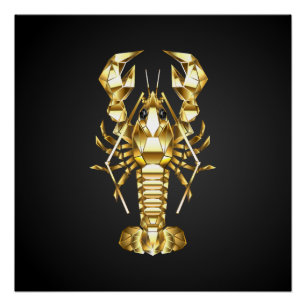 Golden polygonal lobster crawfish on black poster