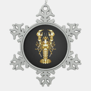 Golden polygonal lobster crawfish on black snowflake pewter christmas ornament