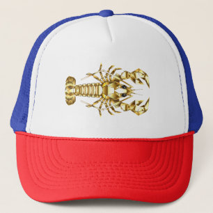 Golden polygonal lobster crawfish on black trucker hat
