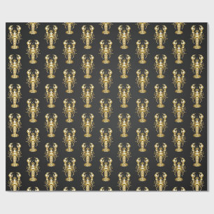 Golden polygonal lobster crawfish on black wrapping paper