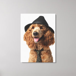 Golden Poodle Dog wearing Hat and Tie Canvas Print