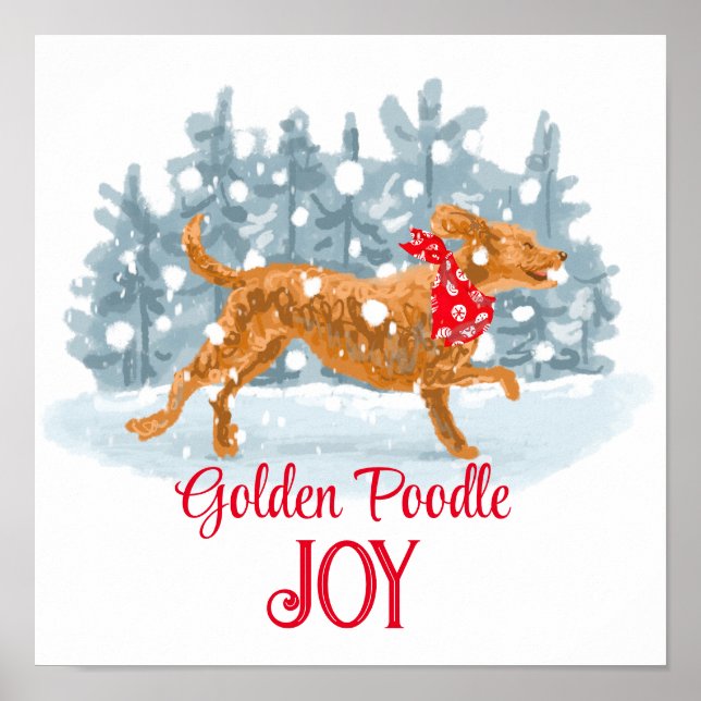 Golden Poodle Holiday Poster Happy dog enjoys snow (Front)