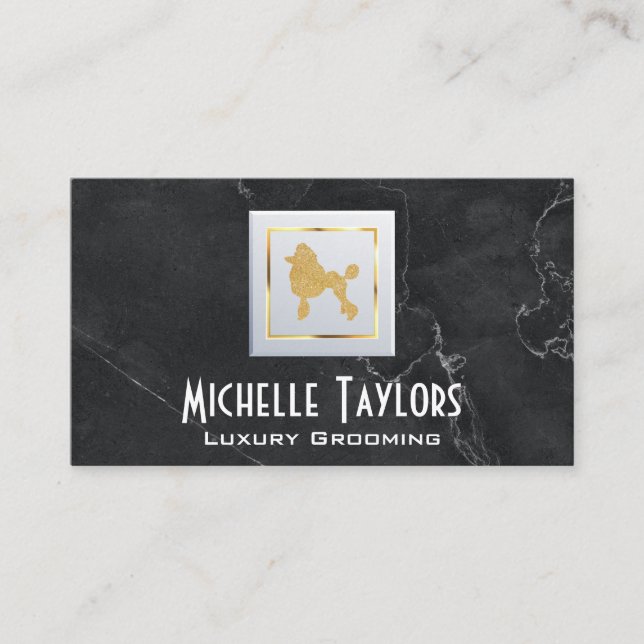 Golden Poodle | Luxury Grooming | Black Marble Business Card (Front)