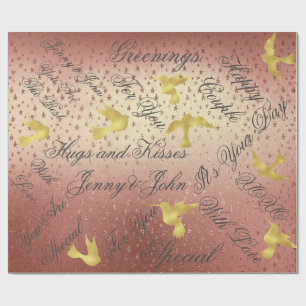 Golden Powder Peach Wedding Birds Wrapping Paper