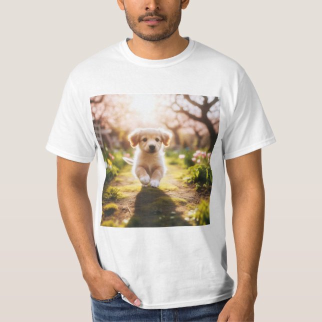 Golden Puppy Running in a Garden T-Shirt (Front)