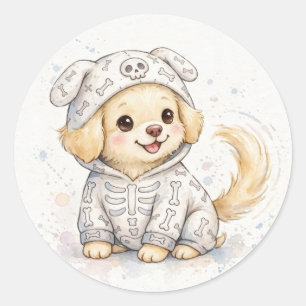 Golden Puppy Skeleton Costume Halloween Classic Round Sticker