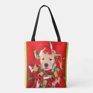 Golden Puppy Tangled in Christmas Garland Tote Bag
