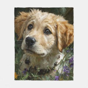 Golden Puppy Wildflower Gaze Fleece Blanket