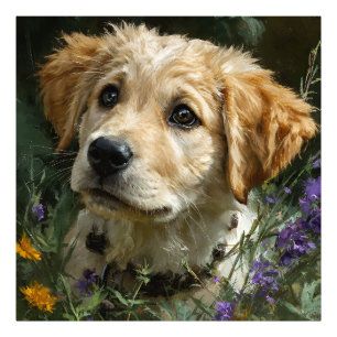 Golden Puppy Wildflower Gaze Photo Print