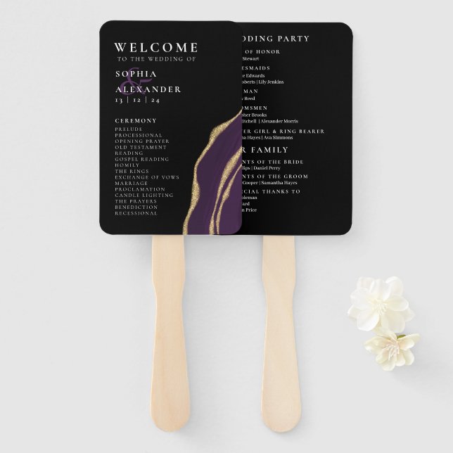Golden purple agate wedding program Set of Fans (Front and Back)