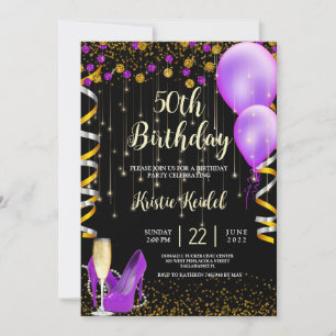 Golden Purple Balloons and Champagne Invitation