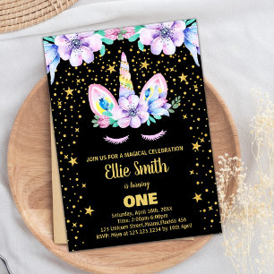 Golden Purple Black Unicorn Birthday Invitations