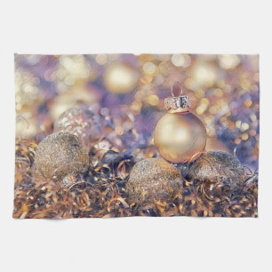 Golden Purple Christmas ornaments watercolor Tea Towel