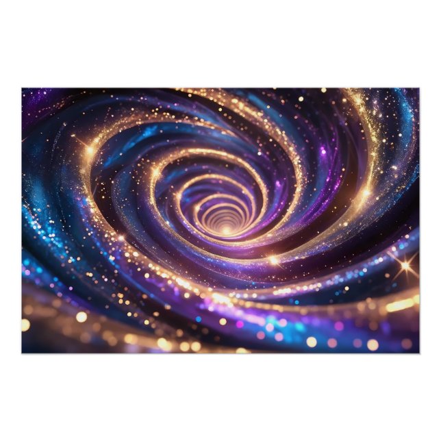 Golden & Purple Cosmic Swirl Abstract Vortex Art  Poster (Front)