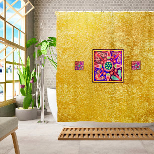 Golden & Purple Mexican Huichol Boho Folk Art Shower Curtain
