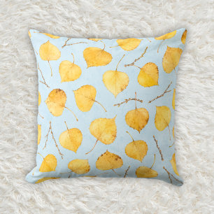 Golden Quaking Aspen Leaf Watercolor Pattern Cushion