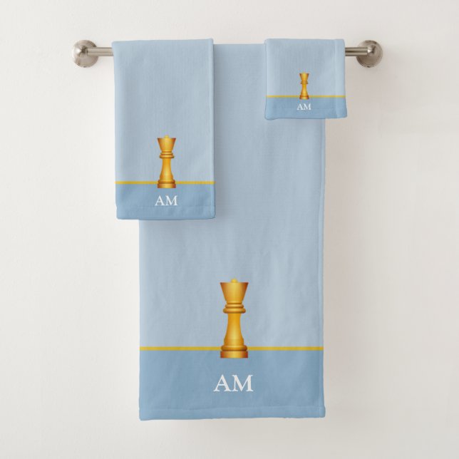 Golden Queen & Monogram on Light Wondrous Blue Bath Towel Set (Insitu)