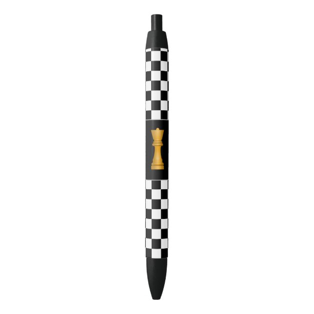 Golden Queen on Black and White Chess Pattern Pen (Front Vertical)