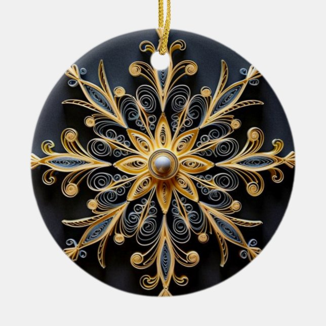 "Golden Quilled Snowflake Ornament" Ceramic Tree Decoration (Front)