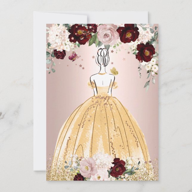 Golden Quinceanera H2 Flowers Dusty Rose Blush Invitation (Back)