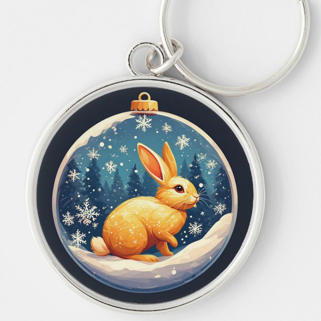 Golden Rabbit Sitting in a Festive Snow Globe Key Ring (Front)