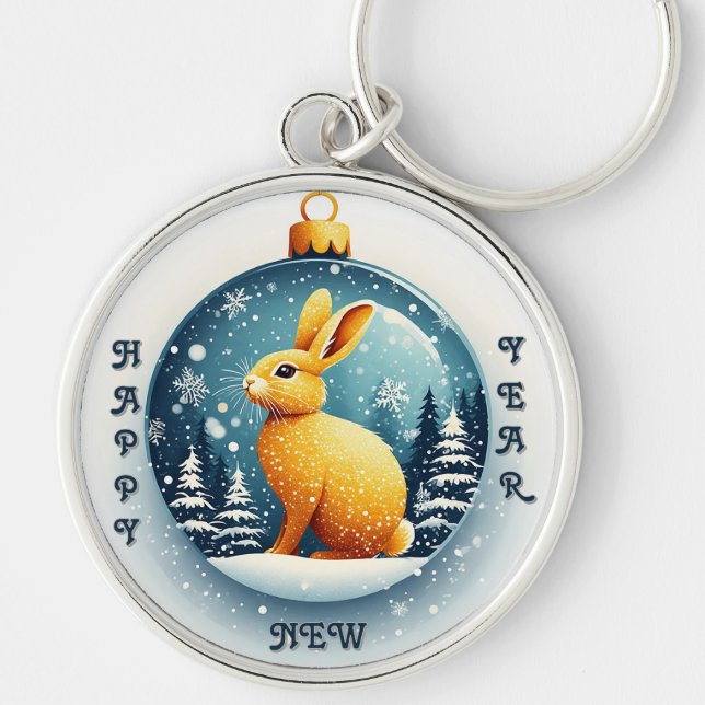 Golden Rabbit Sitting in a Festive Snow Globe Key Ring (Front)