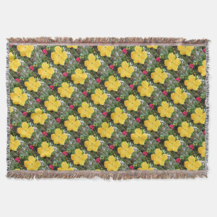 "Golden Radiance: Yellow Hibiscus Flower on a Tree Throw Blanket