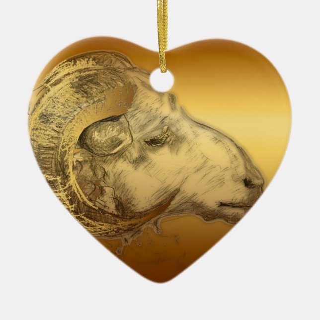 Golden Ram Year Chinese Zodiac Aries Heart O Ceramic Tree Decoration (Front)