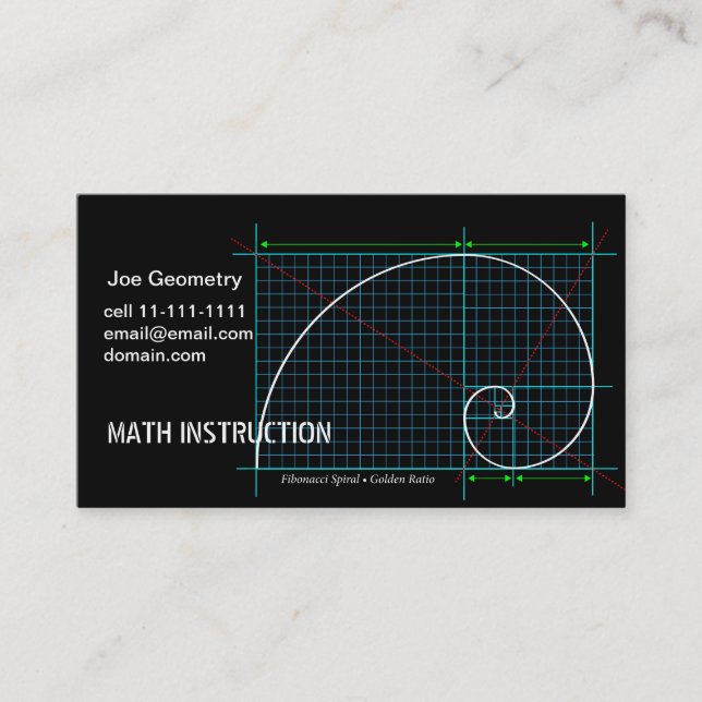 Golden Ratio, Fibonacci Spiral, Colour Drawing Business Card (Front)