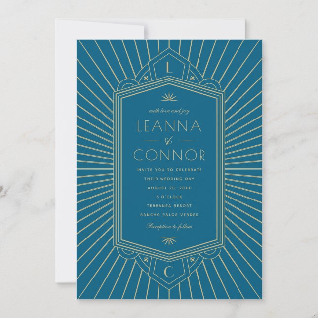 Golden Rays Initials Blue Art Deco Wedding Invitation (Front)