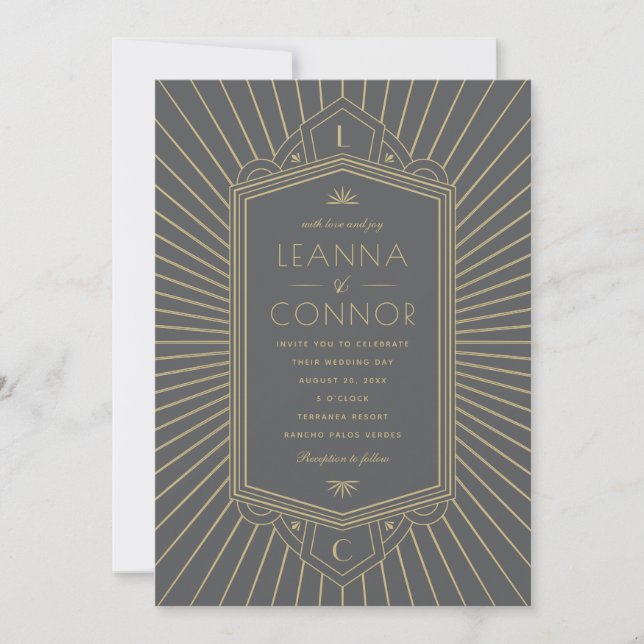 Golden Rays Initials Gray Art Deco Wedding Invitation (Front)