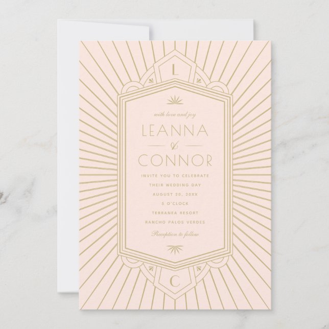 Golden Rays Initials Pink Art Deco Wedding Invitation (Front)