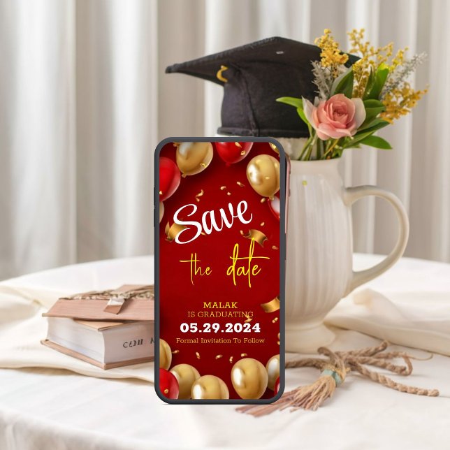 Golden Red Balloons Graduation  Save The Date (Pop the Balloons, We're Graduating! Save the Date!)