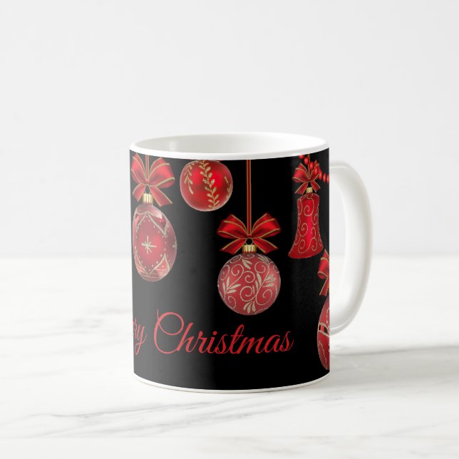 Golden Red Christmas Ornaments Black Coffee Mug (Front Right)