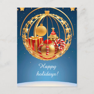 🎁 Golden Red Christmas Ornaments Candy Canes Holiday Postcard