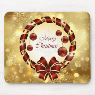 Golden & Red christmas Wreath with Bow & Snowflake Mouse Mat