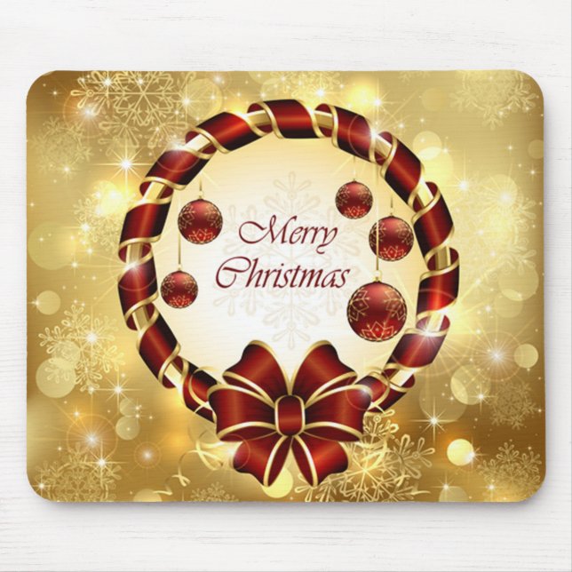 Golden & Red christmas Wreath with Bow & Snowflake Mouse Mat (Front)