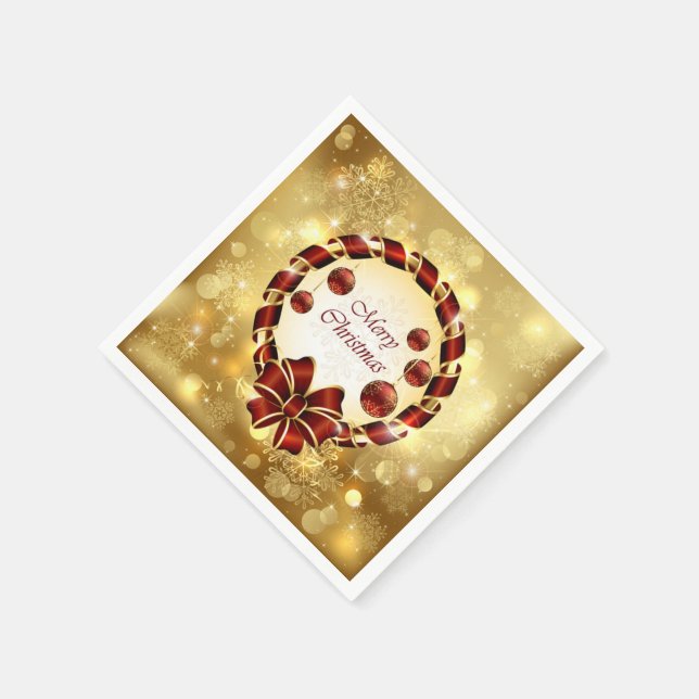 Golden & Red christmas Wreath with Bow & Snowflake Napkin (Corner)