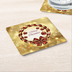Golden & Red christmas Wreath with Bow & Snowflake Square Paper Coaster