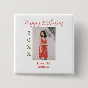 Golden red happy 15th birthday photo name year sim 15 cm square badge