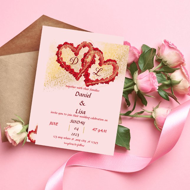 Golden red hearts wedding invitation (Creator Uploaded)