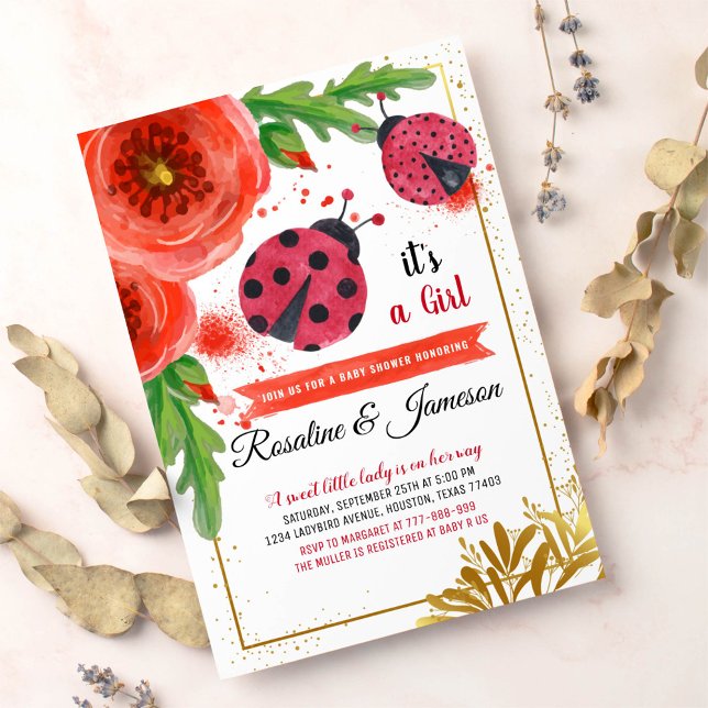 Golden Red Ladybug Watercolour Couples Baby Shower Invitation (Creator Uploaded)